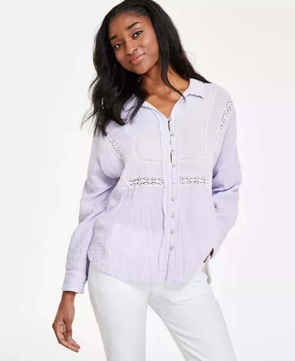 NWT Lucky Brand Lace Trim Woven Cotton Gauze Long Sleeve Shirt Sz XL